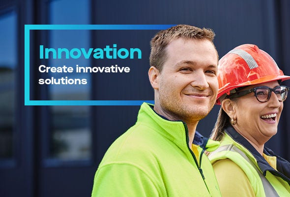 Two smiling BlueScope employees with text on the image